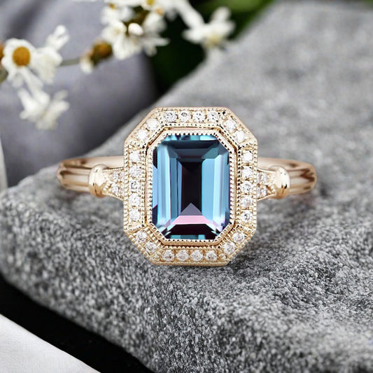 Vintage Aquamarine Emerald Cut Ring Art Deco Aquamarine Engagement Rings July Birthstone Ring Handmade Octagon Gemstone Statement Ring Personalized Jewelry Gift For Her
