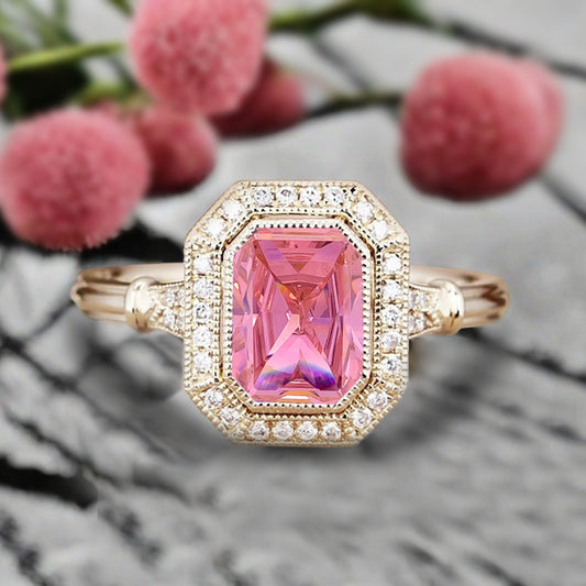 Vintage Pink Sapphire Emerald Cut Ring Art Deco Pink Sapphire Engagement Rings July Birthstone Ring Handmade Octagon Gemstone Statement Ring Personalized Jewelry Gift For Her