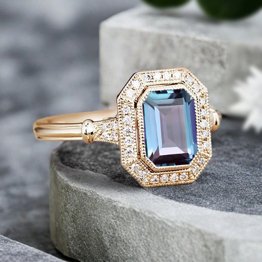 Vintage Aquamarine Emerald Cut Ring Art Deco Aquamarine Engagement Rings July Birthstone Ring Handmade Octagon Gemstone Statement Ring Personalized Jewelry Gift For Her