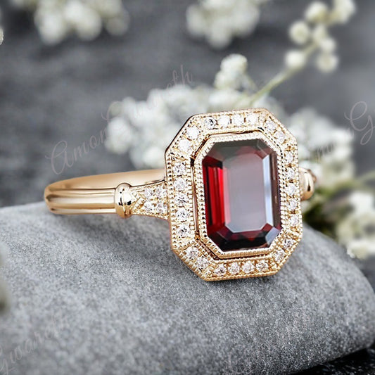 Vintage Ruby Emerald Cut Ring Art Deco Ruby Engagement Rings July Birthstone Ring Handmade Octagon Gemstone Statement Ring Personalized Jewelry Gift For Her
