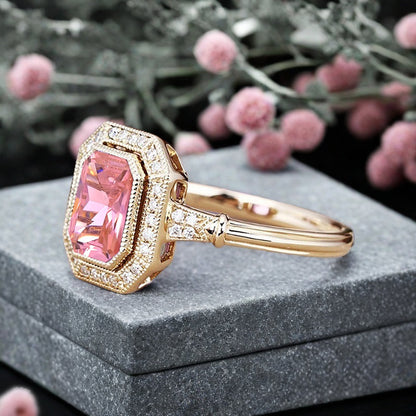 Vintage Pink Sapphire Emerald Cut Ring Art Deco Pink Sapphire Engagement Rings July Birthstone Ring Handmade Octagon Gemstone Statement Ring Personalized Jewelry Gift For Her