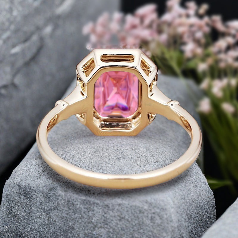 Vintage Pink Sapphire Emerald Cut Ring Art Deco Pink Sapphire Engagement Rings July Birthstone Ring Handmade Octagon Gemstone Statement Ring Personalized Jewelry Gift For Her