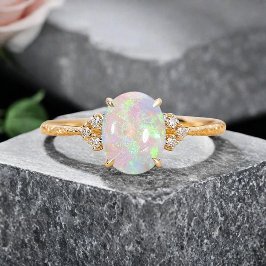Vintage Unique Opal Engagement Ring Solid 14K Gold Pink-White Opal Ring July Birthstone Ring Delicate Opal Gemstone Ring Handmade Bridal Jewelry