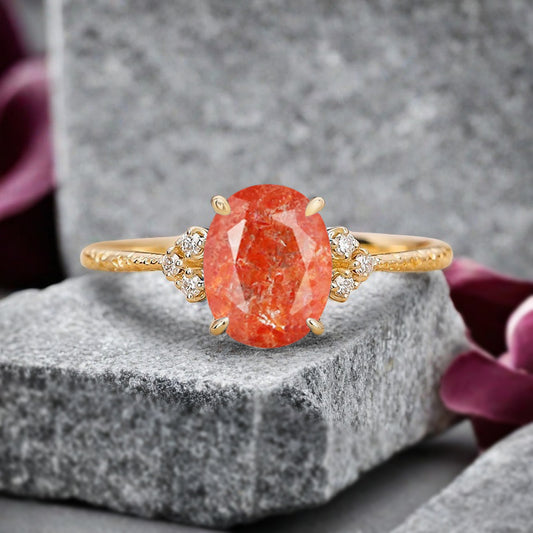 Vintage Unique Sunstone Engagement Ring Solid 14K Gold Orange Sunstone Ring July Birthstone Ring Delicate Sunstone Ring Handmade Bridal Jewelry