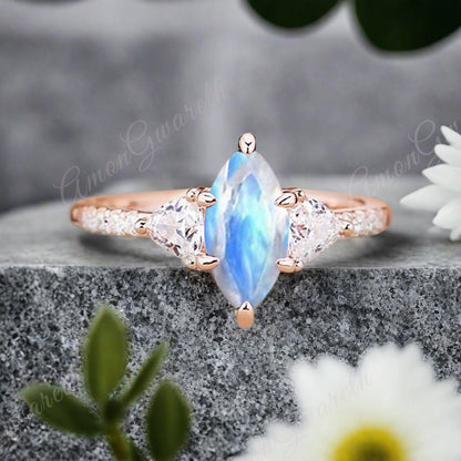 Vintage Marquise Cut Natural Moonstone Engagement Ring Sets Nature Inspired Cluster Promise Ring Rose Gold Art Deco Women Gift