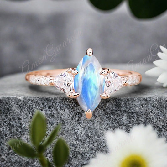 Vintage Marquise Cut Natural Moonstone Engagement Ring Sets Nature Inspired Cluster Promise Ring Rose Gold Art Deco Women Gift