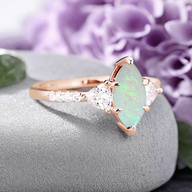 Vintage Marquise Cut Natural Opal Engagement Ring Sets Nature Inspired Cluster Promise Ring Rose Gold Art Deco Women Gift