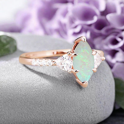 Vintage Marquise Cut Natural Opal Engagement Ring Sets Nature Inspired Cluster Promise Ring Rose Gold Art Deco Women Gift