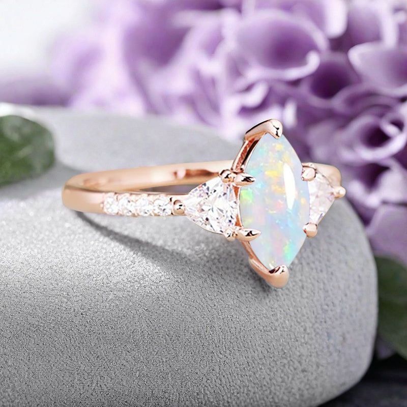 Vintage Marquise Cut Natural Opal Engagement Ring Sets Nature Inspired Cluster Promise Ring Rose Gold Art Deco Women Gift