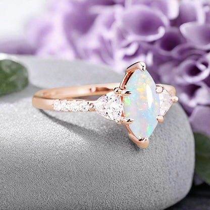 Vintage Marquise Cut Natural Opal Engagement Ring Sets Nature Inspired Cluster Promise Ring Rose Gold Art Deco Women Gift
