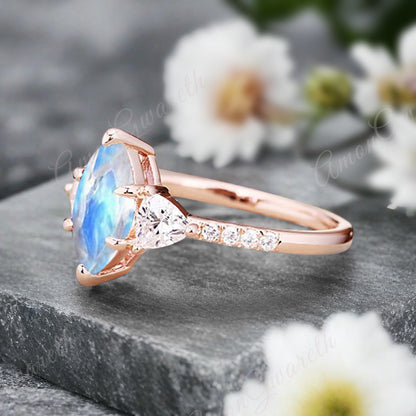 Vintage Marquise Cut Natural Moonstone Engagement Ring Sets Nature Inspired Cluster Promise Ring Rose Gold Art Deco Women Gift