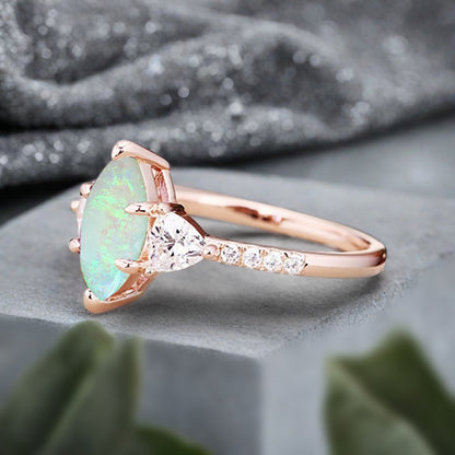 Vintage Marquise Cut Natural Opal Engagement Ring Sets Nature Inspired Cluster Promise Ring Rose Gold Art Deco Women Gift