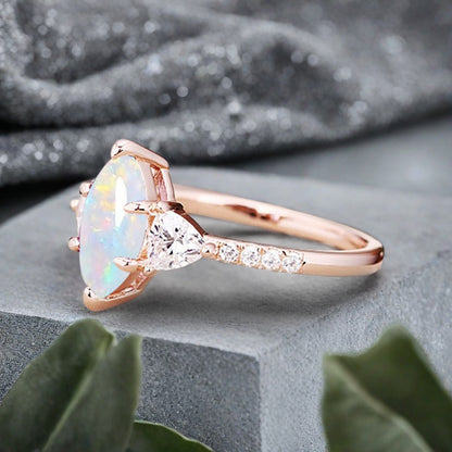 Vintage Marquise Cut Natural Opal Engagement Ring Sets Nature Inspired Cluster Promise Ring Rose Gold Art Deco Women Gift
