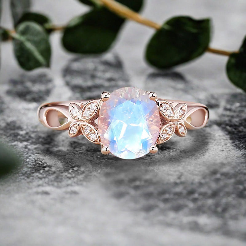 Vintage Oval Mondstein Verlobungsring Unikat Opal Moissanit Versprechensring