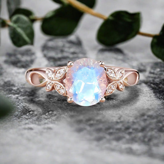 Vintage Oval Mondstein Verlobungsring Unikat Opal Moissanit Versprechensring