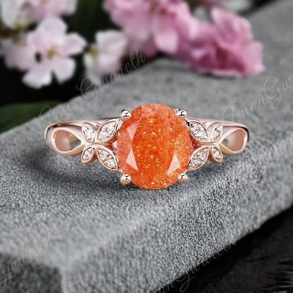 Vintage Oval Sunstone Engagement Ring Unique Oval Sunkissed Gemstone Promise Ring