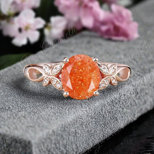 Vintage Oval Sunstone Engagement Ring Unique Oval Sunkissed Gemstone Promise Ring