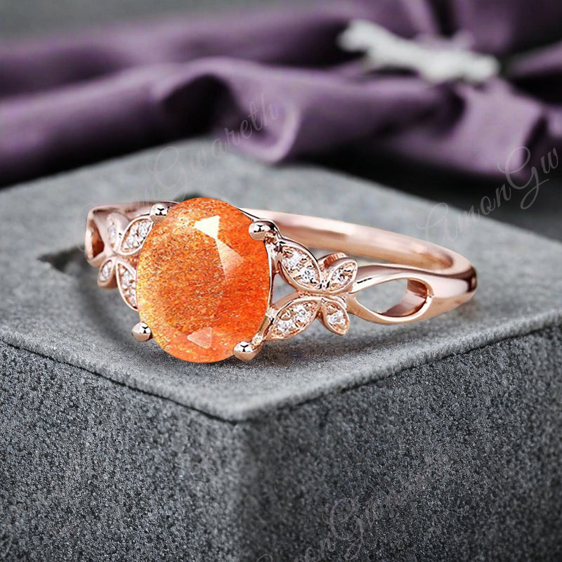 Vintage Oval Sunstone Engagement Ring Unique Oval Sunkissed Gemstone Promise Ring