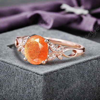 Vintage Oval Sunstone Engagement Ring Unique Oval Sunkissed Gemstone Promise Ring