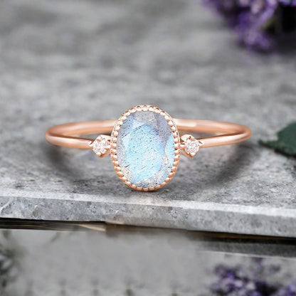 Vintage Unique Labradorite Engagement Ring Solid 10K Gold Labradorite Ring Delicate Gemstone Ring Handmade Bridal Jewelry