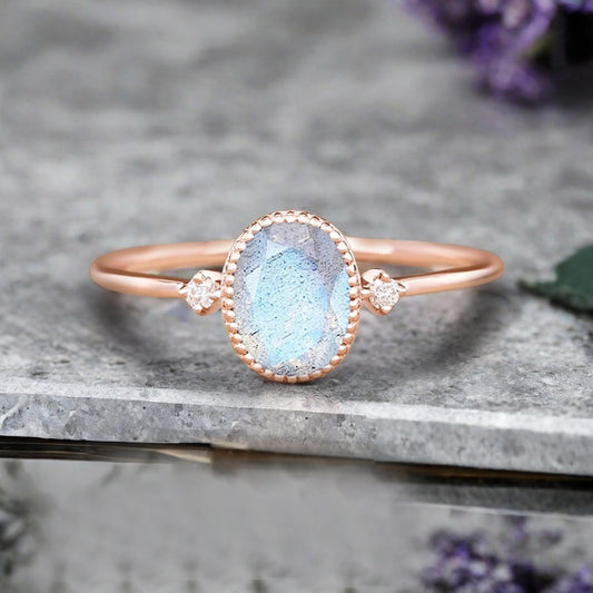 Vintage Unique Labradorite Engagement Ring Solid 10K Gold Labradorite Ring Delicate Gemstone Ring Handmade Bridal Jewelry