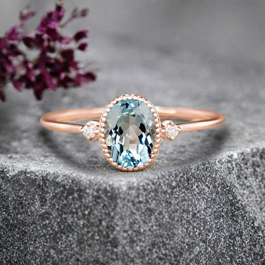 Vintage Unique Aquamarine Engagement Ring Solid 10K Gold Aquamarine Ring Delicate Aquamarine Gemstone Ring Handmade Bridal Jewelry