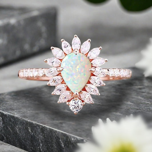 Vintage Opal Engagement Ring 14K Rose Gold Pink-White Opal Unique Gemstone Bridal Ring For Women Moissanite Halo Promise Gift For Her