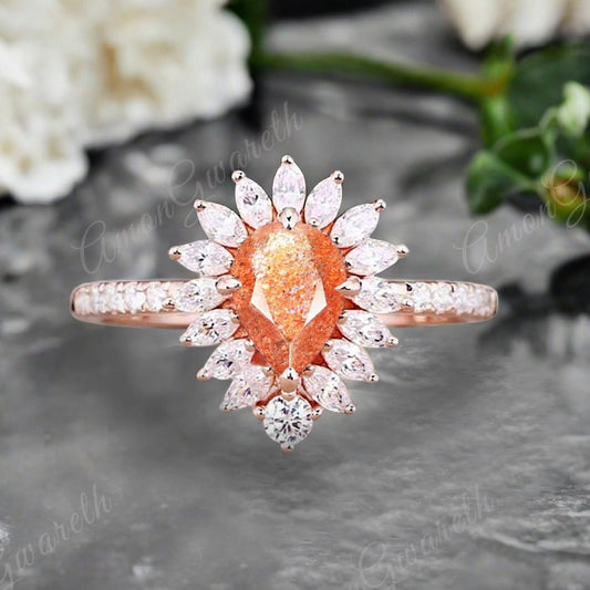 Bague de fiançailles vintage en forme de poire avec aigue-marine, ensemble de bagues de mariage uniques, cadeau d'anniversaire
