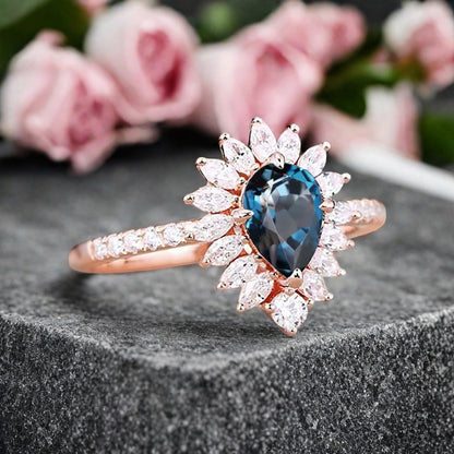 Vintage Blue-Green Sapphire Engagement Ring 14K Rose Gold Blue-Green Sapphire Unique Gemstone Bridal Ring For Women Moissanite Halo Promise Gift For Her