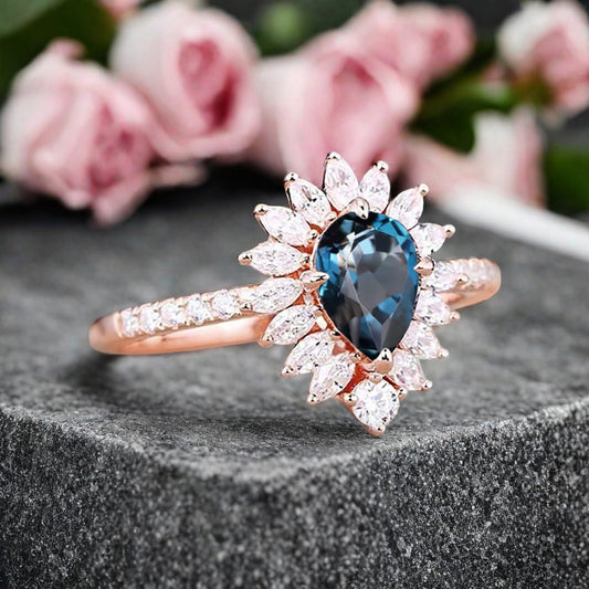 Bague de fiançailles vintage en forme de poire avec aigue-marine, ensemble de bagues de mariage uniques, cadeau d'anniversaire