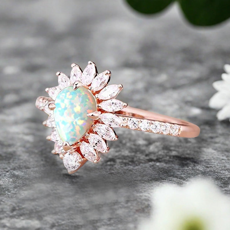 Vintage Opal Engagement Ring 14K Rose Gold Pink-White Opal Unique Gemstone Bridal Ring For Women Moissanite Halo Promise Gift For Her