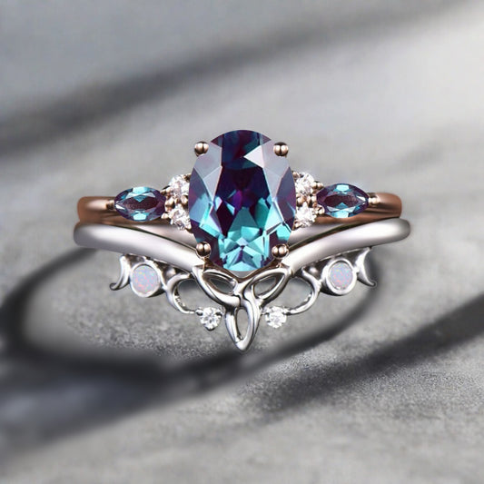 Nature Inspired Color-Change Alexandrite Bridal Set Twig Vine Engagement Ring Oval Alexandrite Ring June Birthstone Wedding Gifts