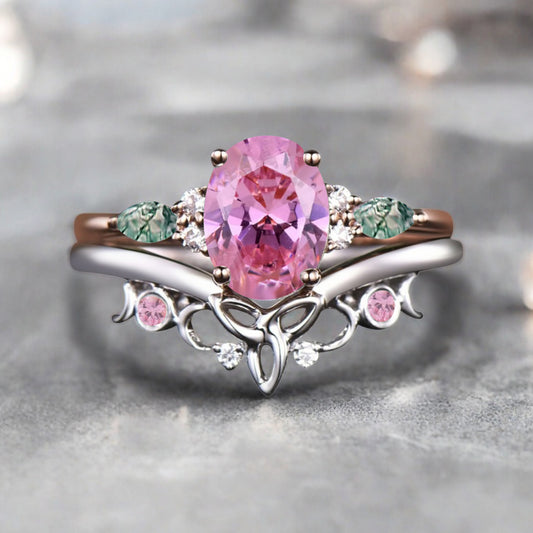 Nature Inspired Color-Change Pink Sapphire Amethyst Bridal Set Twig Vine Engagement Ring Oval Pink Sapphire Ring June Birthstone Wedding Gifts
