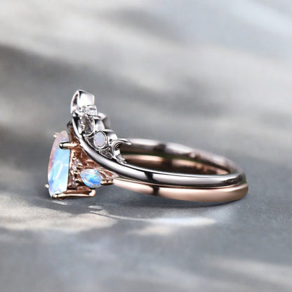 Vintage Birnenform Aquamarin Verlobungsring Set Unikat Versprechen Brautring Set Jubiläumsgeschenk