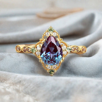 Vintage Alexandrite Engagement Ring Pear Shape Purple-Blue Gemstone Anniversary Ring Solid Gold Solitaire Unique Alexandrite Ring for Women