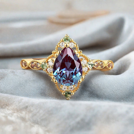 Vintage Alexandrite Engagement Ring Pear Shape Purple-Blue Gemstone Anniversary Ring Solid Gold Solitaire Unique Alexandrite Ring for Women