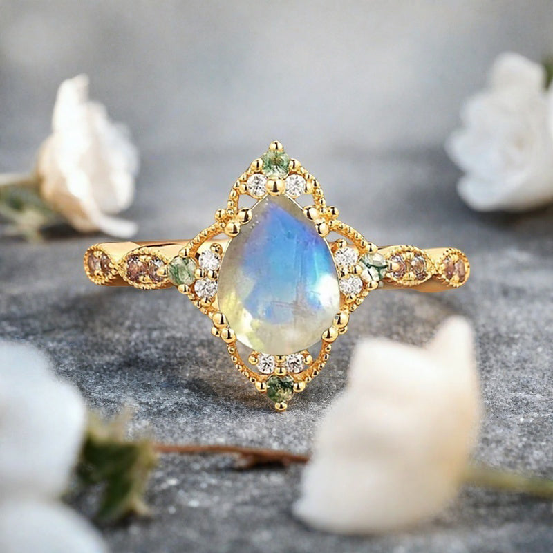 Vintage Birnenform Aquamarin Verlobungsring Set Unikat Versprechen Brautring Set Jubiläumsgeschenk