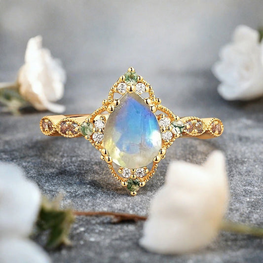 Vintage Birnenform Aquamarin Verlobungsring Set Unikat Versprechen Brautring Set Jubiläumsgeschenk