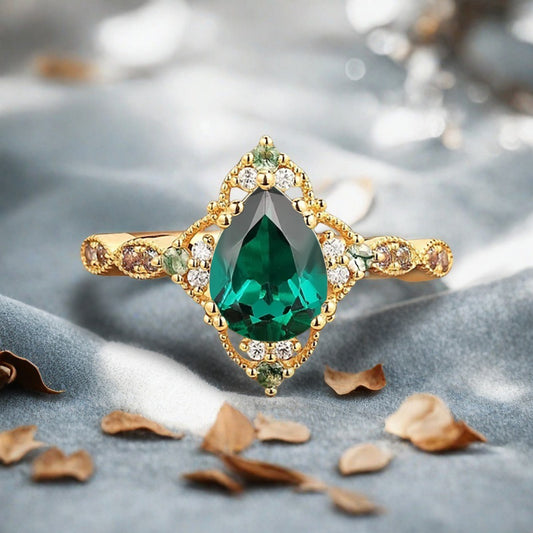 Vintage Emerald Engagement Ring Pear Shape Deep-Green Gemstone Anniversary Ring Solid Gold Solitaire Unique Emerald Ring for Women