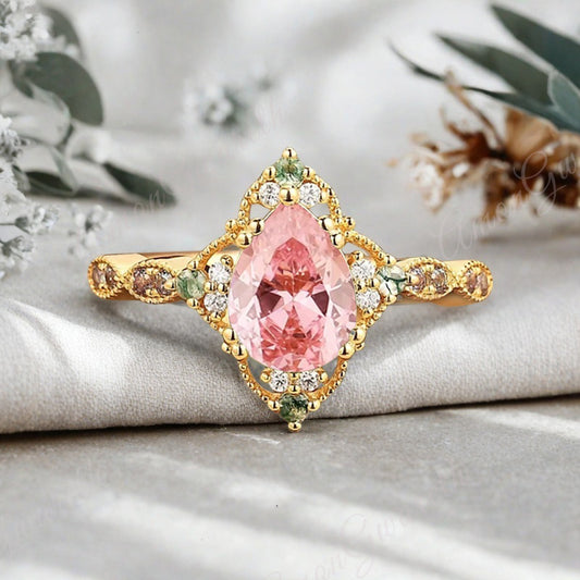 Bague de fiançailles vintage en forme de poire avec aigue-marine, ensemble de bagues de mariage uniques, cadeau d'anniversaire