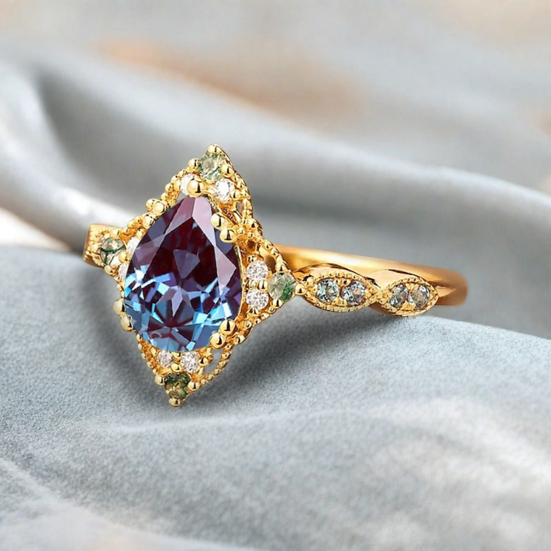 Vintage Alexandrite Engagement Ring Pear Shape Purple-Blue Gemstone Anniversary Ring Solid Gold Solitaire Unique Alexandrite Ring for Women