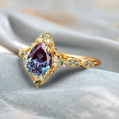 Vintage Alexandrite Engagement Ring Pear Shape Purple-Blue Gemstone Anniversary Ring Solid Gold Solitaire Unique Alexandrite Ring for Women