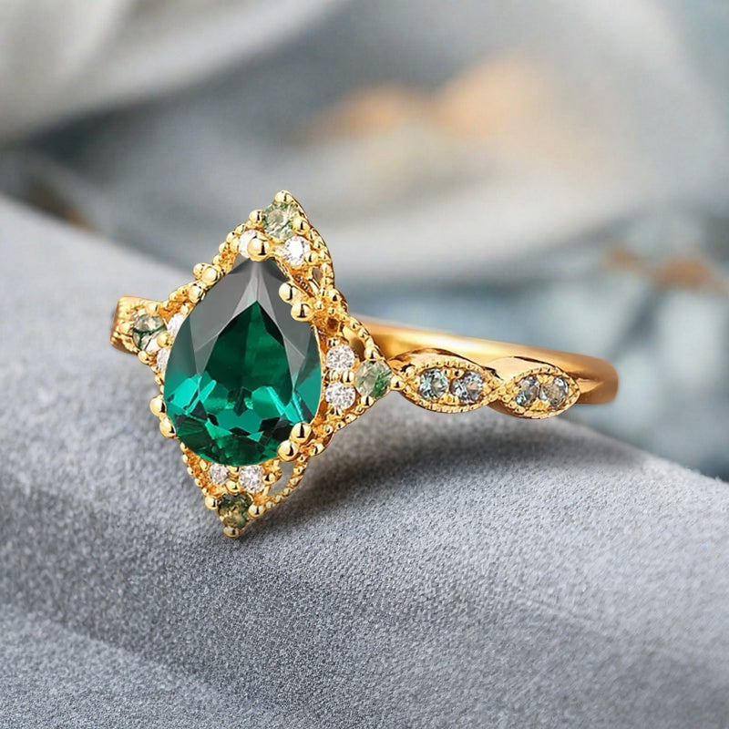 Vintage Emerald Engagement Ring Pear Shape Deep-Green Gemstone Anniversary Ring Solid Gold Solitaire Unique Emerald Ring for Women