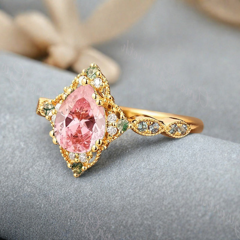 Bague de fiançailles vintage en forme de poire avec aigue-marine, ensemble de bagues de mariage uniques, cadeau d'anniversaire
