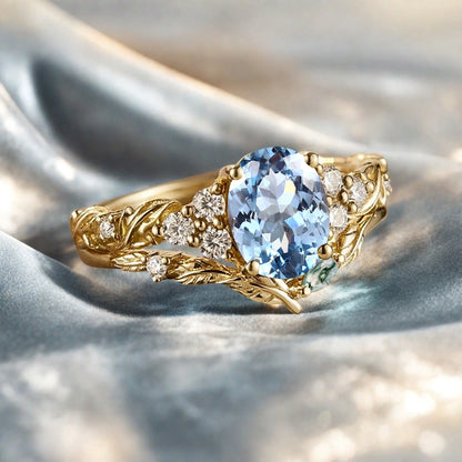 Vintage Oval Shape Aquamarine Engagement Ring Set Unique Aquamarine Gemstone Promise Bridal Ring Set Anniversary Gift