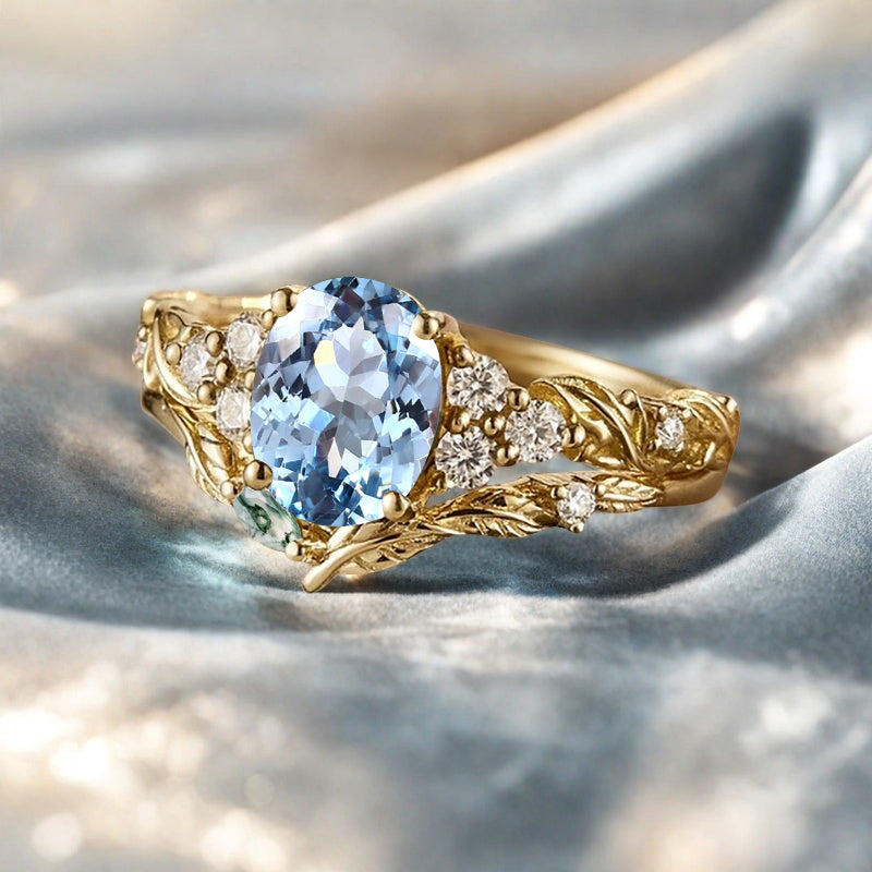 Vintage Oval Shape Aquamarine Engagement Ring Set Unique Aquamarine Gemstone Promise Bridal Ring Set Anniversary Gift