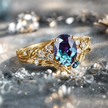 Vintage Oval Shape Alexandrite Engagement Ring Set Unique Alexandrite Gemstone Promise Bridal Ring Set Anniversary Gift