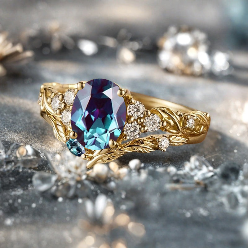 Vintage Oval Shape Alexandrite Engagement Ring Set Unique Alexandrite Gemstone Promise Bridal Ring Set Anniversary Gift