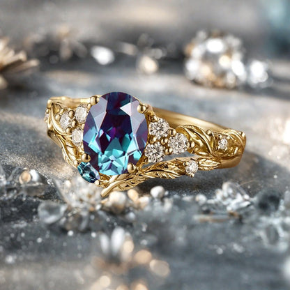 Vintage Oval Shape Alexandrite Engagement Ring Set Unique Alexandrite Gemstone Promise Bridal Ring Set Anniversary Gift