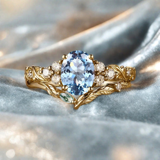 Vintage Oval Shape Aquamarine Engagement Ring Set Unique Aquamarine Gemstone Promise Bridal Ring Set Anniversary Gift